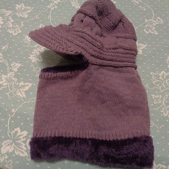PLUSH PURPLE KNIT PARTIAL FACE WARM HAT main image 6